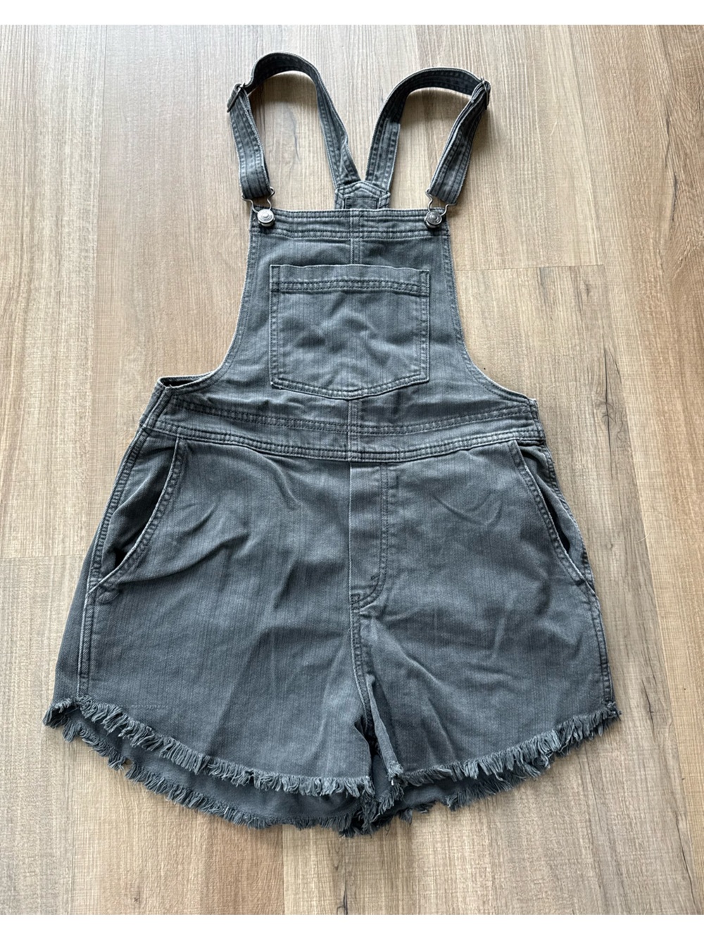 aerie Gray Denim Overall Shorts with Frayed Hem